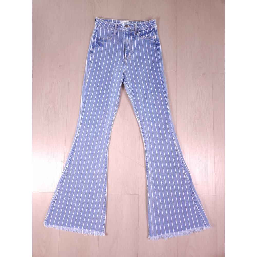 Cello High Rise Pinstripe Flare Jeans Size 00/0 Bell Bottom Raw Hem Retro Y2K - Picture 3 of 12